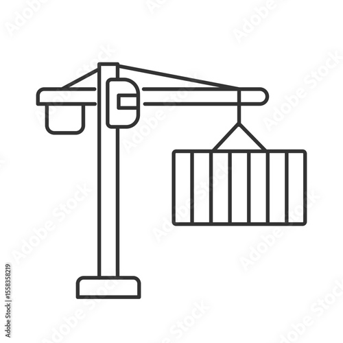 Tower crane line icon. Cargo lifting and transporting machinery. Container hanging on heist of at terminal. Isolated vector illustration. Outline symbol. Simple linear drawing. Editable stroke