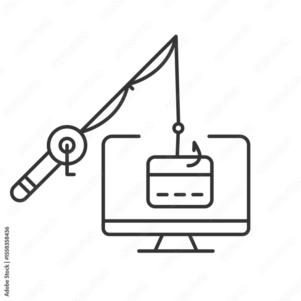 Fototapeta premium Stealing banking data line icon. Phishing of financial account. Break in to credit card information. Scam danger. Isolated vector illustration. Outline symbol. Simple linear drawing. Editable stroke