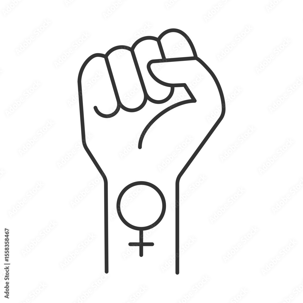 Obraz premium Feminism line icon. Raised woman fist with Venus mirror tattoo. Fight for equal rights. Female empowerment. Isolated vector illustration. Outline symbol. Simple linear drawing. Editable stroke