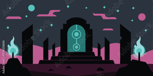 Mystical Portal Surrounded by Ancient Ruins and Cosmic Sky
