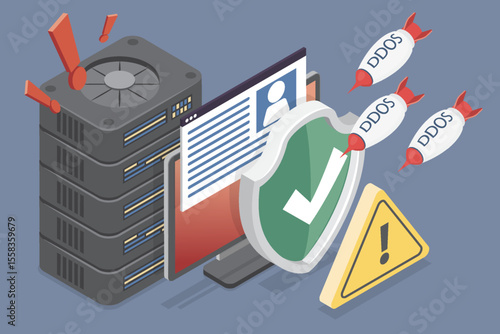 Ddos attack and data center protection concept. Computer, network, database center protect from hacker attack. 3d flat isometric vector illustration.