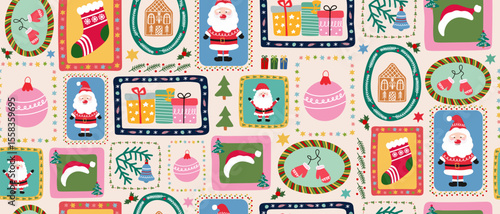 Christmas pattern with different holiday elements like Santa, gifts and decorations in colorful frames. Merry festive seamless design.