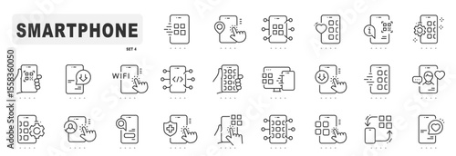 Smartphone related line icons. Device, message, phone, call, app, screen etc. Editable stroke