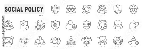 Social policy related line icons. Service, insurance, government, society etc. Editable stroke