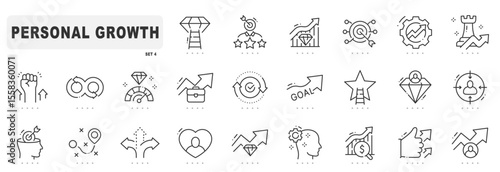 Personal growth related line icons. Development, improvement, achievement, upskill etc. Editable stroke