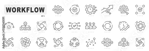 Workflow, process, progress, automation line icons. Editable stroke