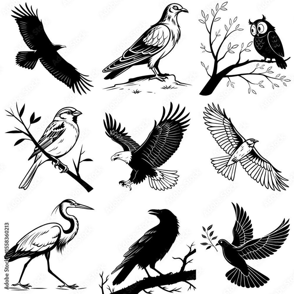 Obraz premium Stunning Collection of Bird Silhouettes: High-Quality Vector Icons for Nature, Wildlife, and Outdoor Design Projects - Featuring Eagles, Owls, Sparrows, and More.