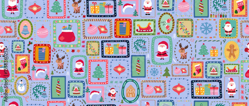 Cute Christmas seamless retro patchwork pattern with Santa Claus, deer, snowmen and holiday elements for gift wrapping and textile design.