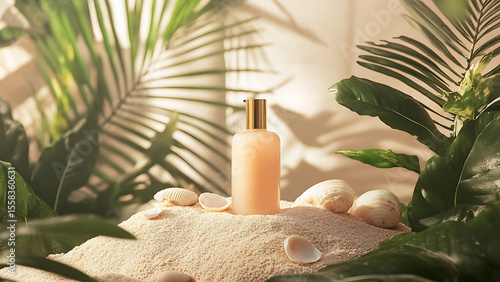 a bottle of self-tanning mousse placed on a stone altar in the center of an exotically decorated studio. Around the altar, grains of fine sand are scattered, evoking a tropical beach.