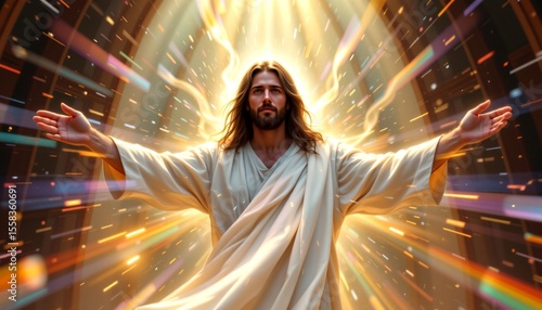 an artistic portrayal of a figure that resembles jesus christ. the figure is centrally positioned and radiates light from their body