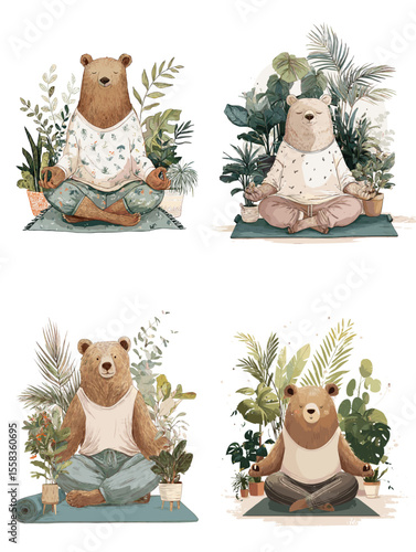 Cute watercolor bears practicing yoga and meditation surrounded by indoor plants. Perfect for wellness, mindfulness, and nature-inspired children’s content.

