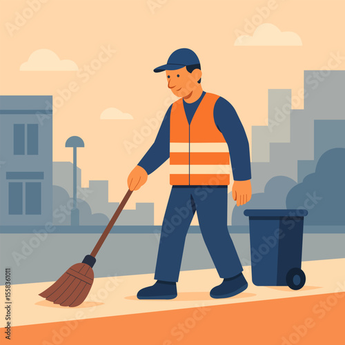 Flat vector illustration of a street sweeper in an orange safety vest cleaning city streets with a broom and trash bin.