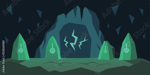 Mysterious Glowing Runes in a Dark Cave Entrance