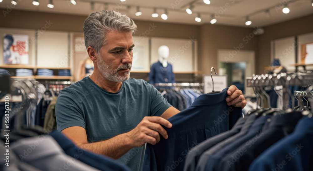 Obraz premium Middle-aged man shopping for clothes in retail store aisle 
