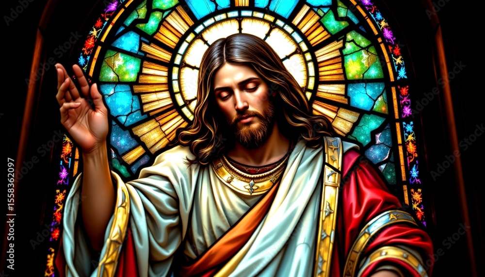 Fototapeta premium a close up of an ornate stained glass window within what appears to be a church interior