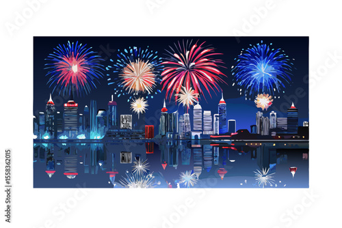 Vibrant fireworks illuminate a modern city skyline at night