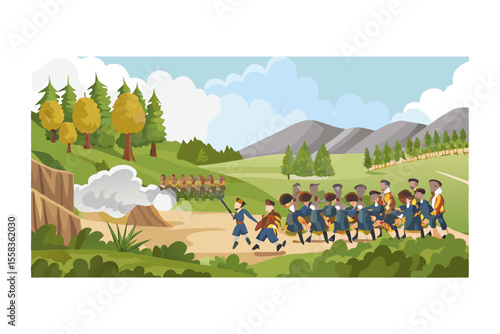 Soldiers march across a battlefield with smoke and mountains in background