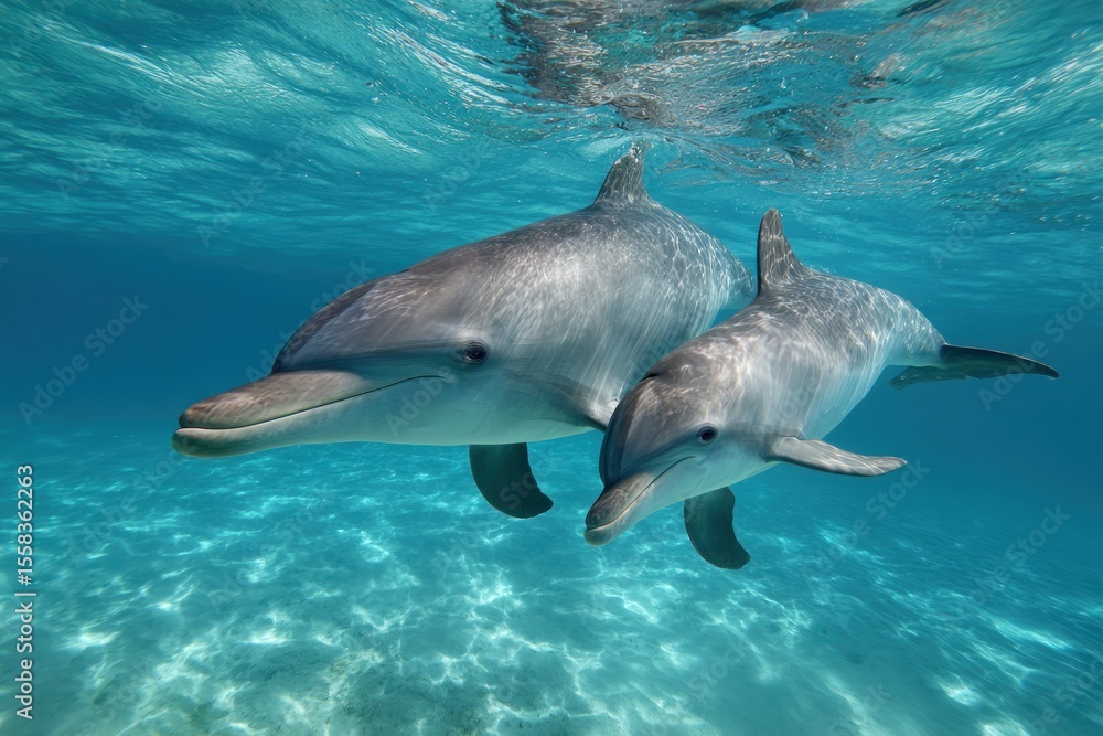 Fototapeta premium Two dolphins gracefully swim together in the clear blue ocean water.