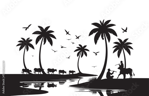 Peaceful silhouette of indian village life palm trees cows and flute players