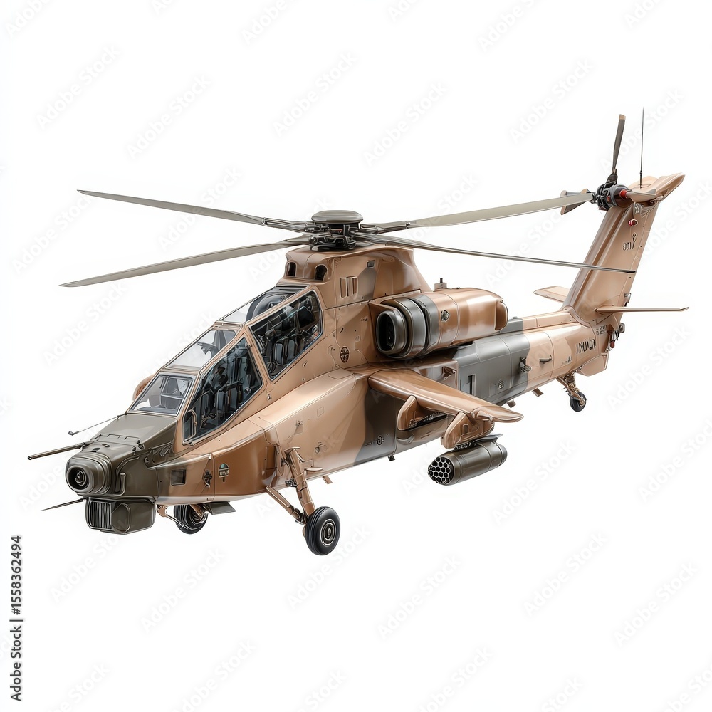 Fototapeta premium Military Attack Helicopter Close Up View Tan Camouflage Design Isolated White Background