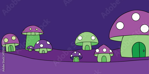 Enchanted Mushroom Houses A whimsical illustration of charming homes nestled amongst vibrant fungi in a magical landscape