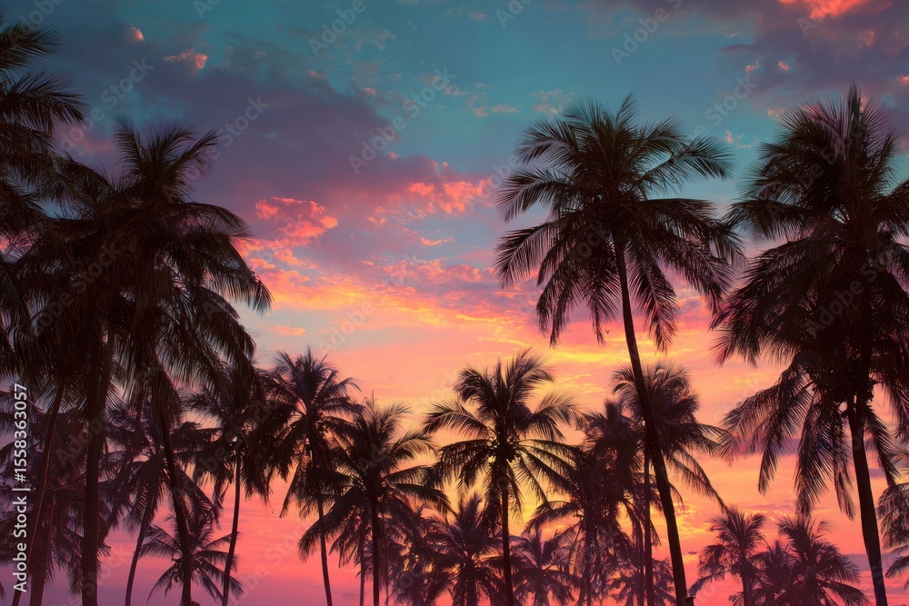 Spectacular sunset paints the sky with vibrant colors, framed by palm trees. Spectacular sunset paints the sky with vibrant colors, framed by palm trees.