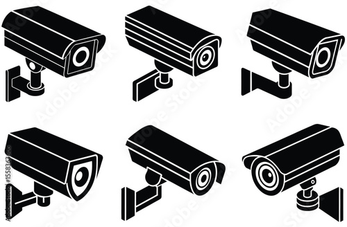 Black security cameras mounted on walls surveillance monitoring