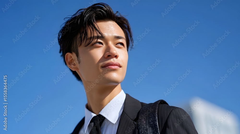 Focused young businessman in suit against blue sky and cityscape Focused young businessman in suit against blue sky and cityscape