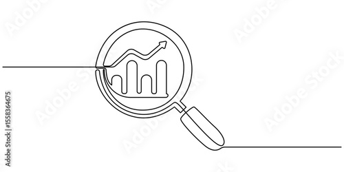 Continuous one line drawing of increasing up arrows bar graph and magnifying glass. Search. Hand drawn one line vector. Editable stroke, continuous line magnifying glass and bar graph business.