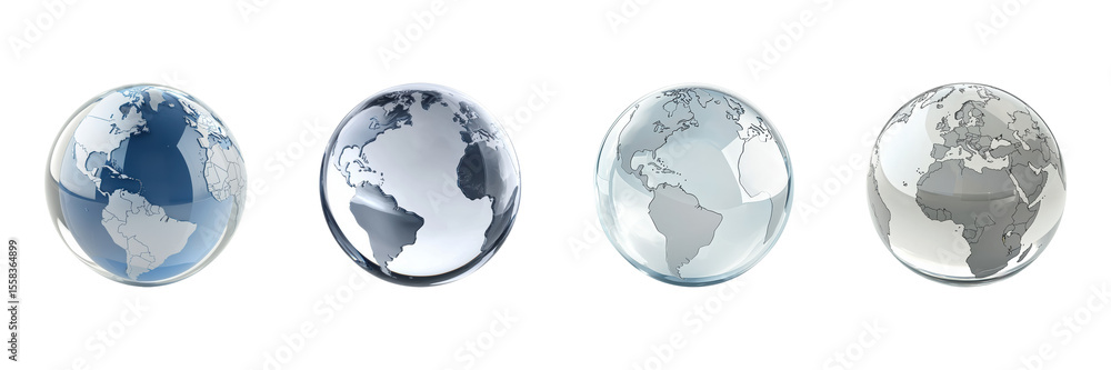 Fototapeta premium Globes With Different Map Styles Set. Global Perspective And Design Variation Collection Isolated On Transparent Background