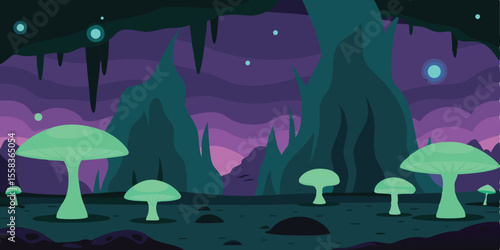 Ethereal Glow Alien Landscape with Glowing Mushrooms and Mysterious Caves