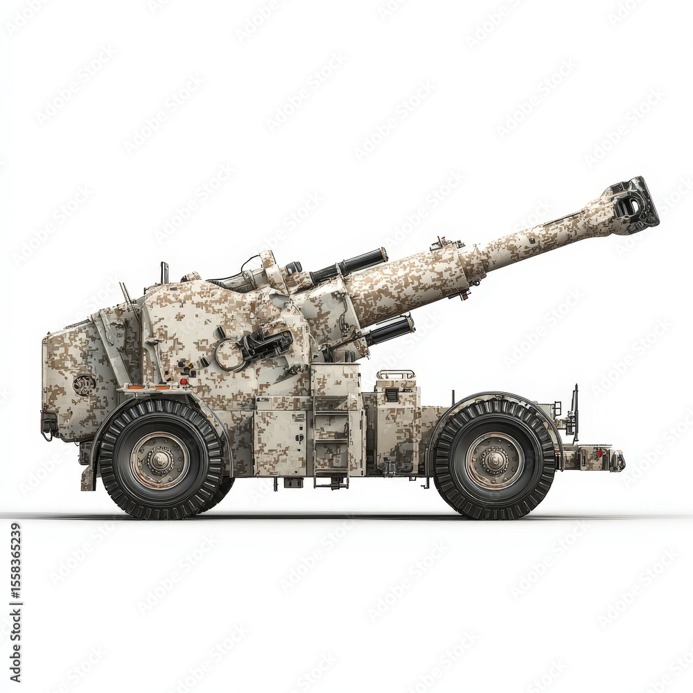 Self Propelled Howitzer Artillery Military Vehicle in Desert Camouflage Powerful Weapon System on Wheels Self Propelled Howitzer Artillery Military Vehicle in Desert Camouflage Powerful Weapon System on Wheels