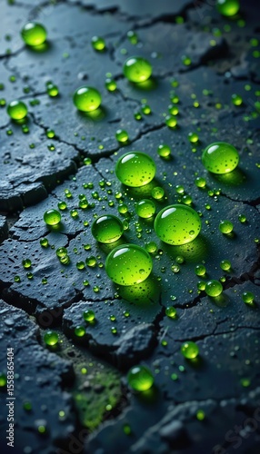 Green droplets glistening on cracked dark surface create a mystical background