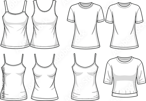 Essential Base Layer Apparel: Technical fashion flat sketches of tank tops, camisoles, and t-shirts, versatile undershirts for everyday and layering