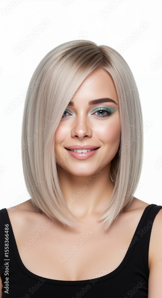Woman with ash blonde angled bob haircut and mint green eyeshadow on white background. Sleek shoulder length hairstyle with center part for salon styling services Woman with ash blonde angled bob haircut and mint green eyeshadow on white background. Sleek shoulder length hairstyle with center part for salon styling services