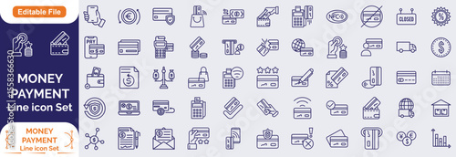 Money Payment Line icon set. Containing finance, money, banking, credit card, exchange, cash, payment methods, money transfer, bill, receipt, ATM, purchase and more. Editable line icons. 