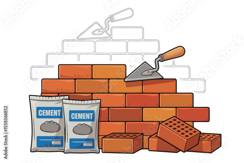 Cartoon Illustration of Bricklaying Tools and Materials