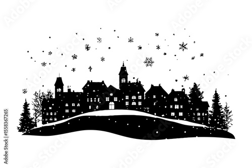 Silhouette of snowy winter village with falling snowflakes on white background.