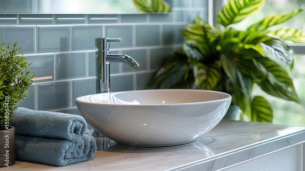 Fototapeta premium Sleek chrome faucet atop white ceramic basin, framed by azure tiled wall in contemporary bathroom setting