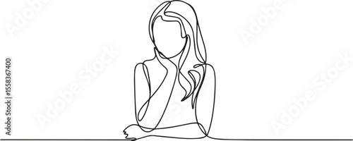 Continuous one line drawing of a young woman thinking with finger on chin in a minimal pose illustration style