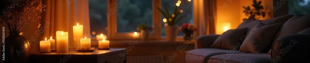 Fototapeta premium Cozy Candlelit Interior Warm Glow Illuminates a Peaceful and Romantic Room, Perfect for Home Decor, Relaxation, and Lifestyle Photography