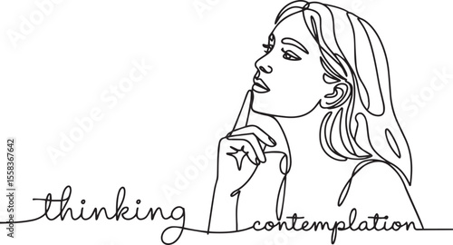 Continuous one line drawing of a young woman thinking with finger on chin in a minimal pose illustration style