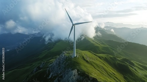 Majestic wind turbine atop a verdant mountain peak, amidst swirling clouds and a breathtaking landscape