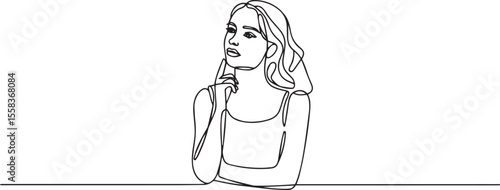 Continuous one line drawing of a young woman thinking with finger on chin in a minimal pose illustration style
