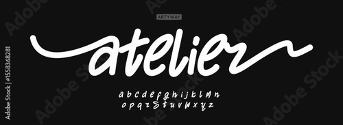Handwritten brush font flowing like thread, stylized lettering for fashion logos, tailor signs, woman-led ateliers, handmade covers, modern script vibe with calligraphy twist, vector typeset