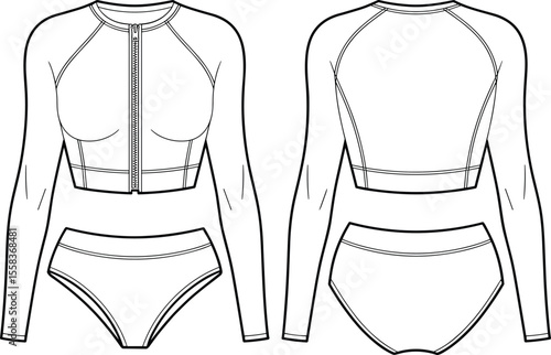 Women's Rash Guard Swimsuit: Technical fashion flat sketch, front and back views, long sleeve top with zipper and bikini bottom, swimwear design template