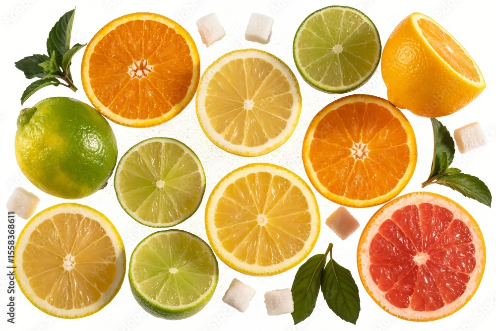 Obraz premium Slices of fresh citrus fruits are neatly laid out in a grid-like pattern. Oranges, lemons, limes, and grapefruit are interspersed with sugar cubes and mint leaves.
