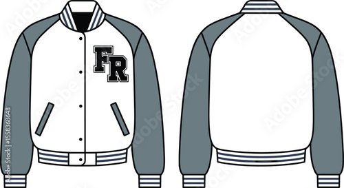 Classic Varsity Jacket: Technical fashion flat sketch, front and back views, with letterman design and ribbed trim, athletic outerwear for casual style and teams