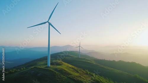 Majestic wind turbines stand tall on rolling green hills under a clear, sunrise sky, symbolizing clean energy and environmental sustainability