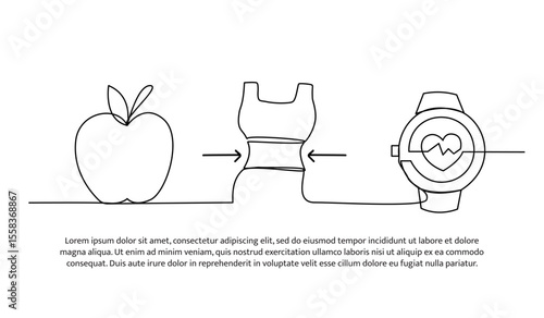 Continuous line design of fruit slimming the stomach. Single line decorative element drawn on white.